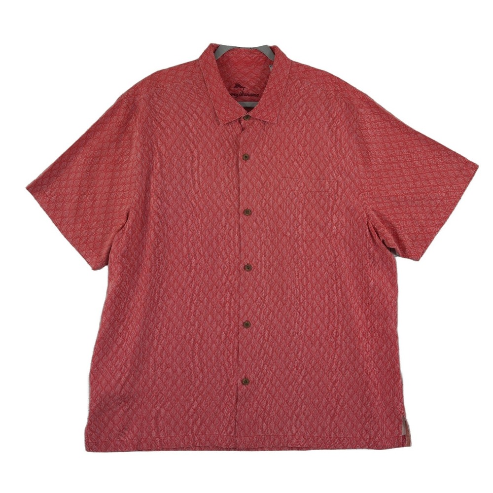 Tommy Bahama 100% Silk Camp Shirt Men's Size XXL Diamond Coral Jacquard Hawaiian
